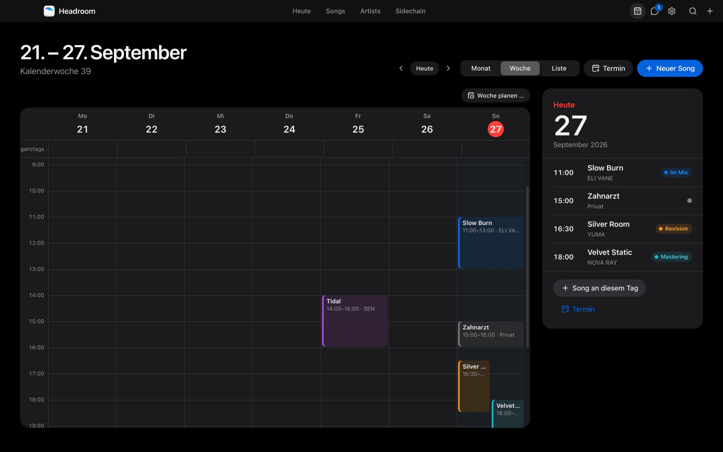Headroom, Kalender in der Wochenansicht mit Sessions, einem privaten Termin und rechts dem heutigen Tag.