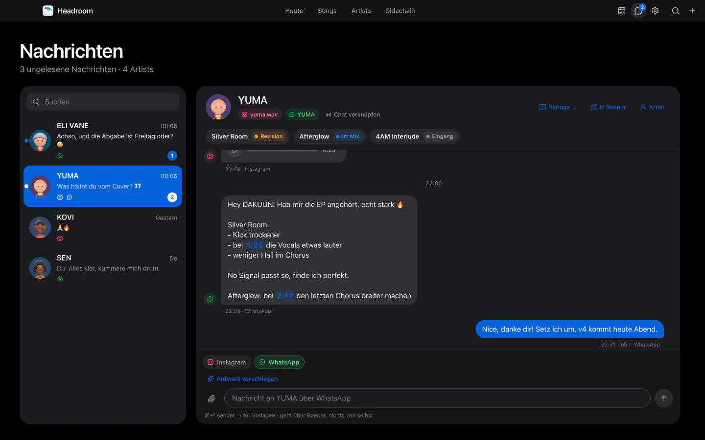 Headroom, Nachrichten: der Chat mit YUMA über WhatsApp und Instagram. Die Zeitmarken 1:24 und 2:42 in der Nachricht sind anklickbar.