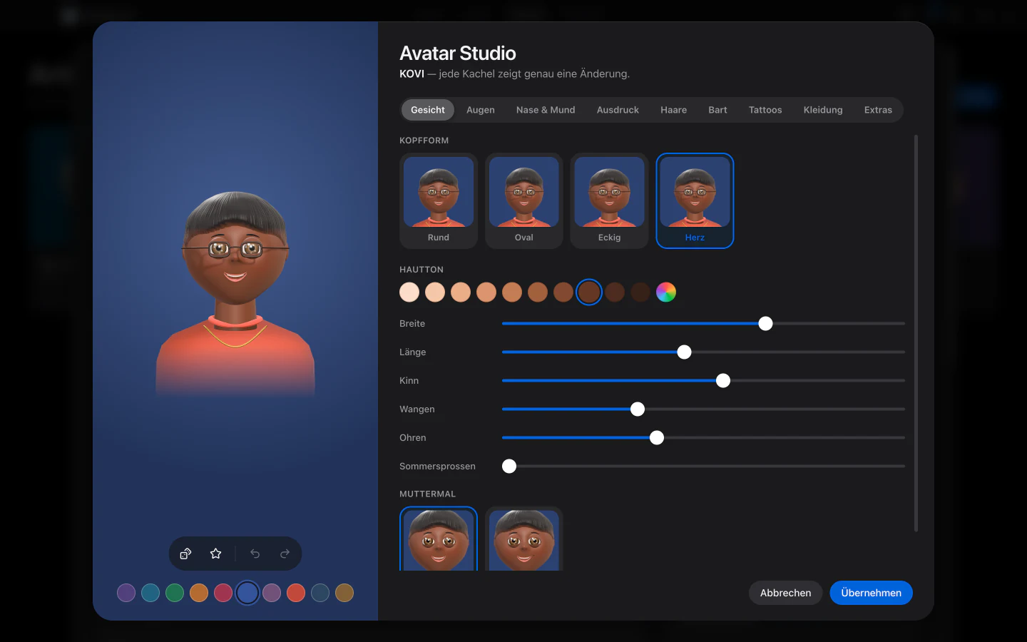 Das Avatar Studio mit der Figur von KOVI: Reiter für Gesicht, Augen, Haare, Bart, Tattoos und Kleidung, Kacheln für die Kopfform und Regler.